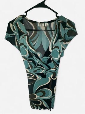 Cato Teal, Black & Cream Abstract Wrap Top